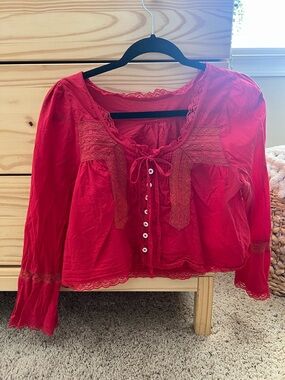 Women's Red Lace-Trim Button Front Top